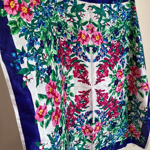 Vintage Alaska Scarf Co Floral Water Silk Scarf 34 X 34 Blue Pink Green Tropical - Picture 7 of 9